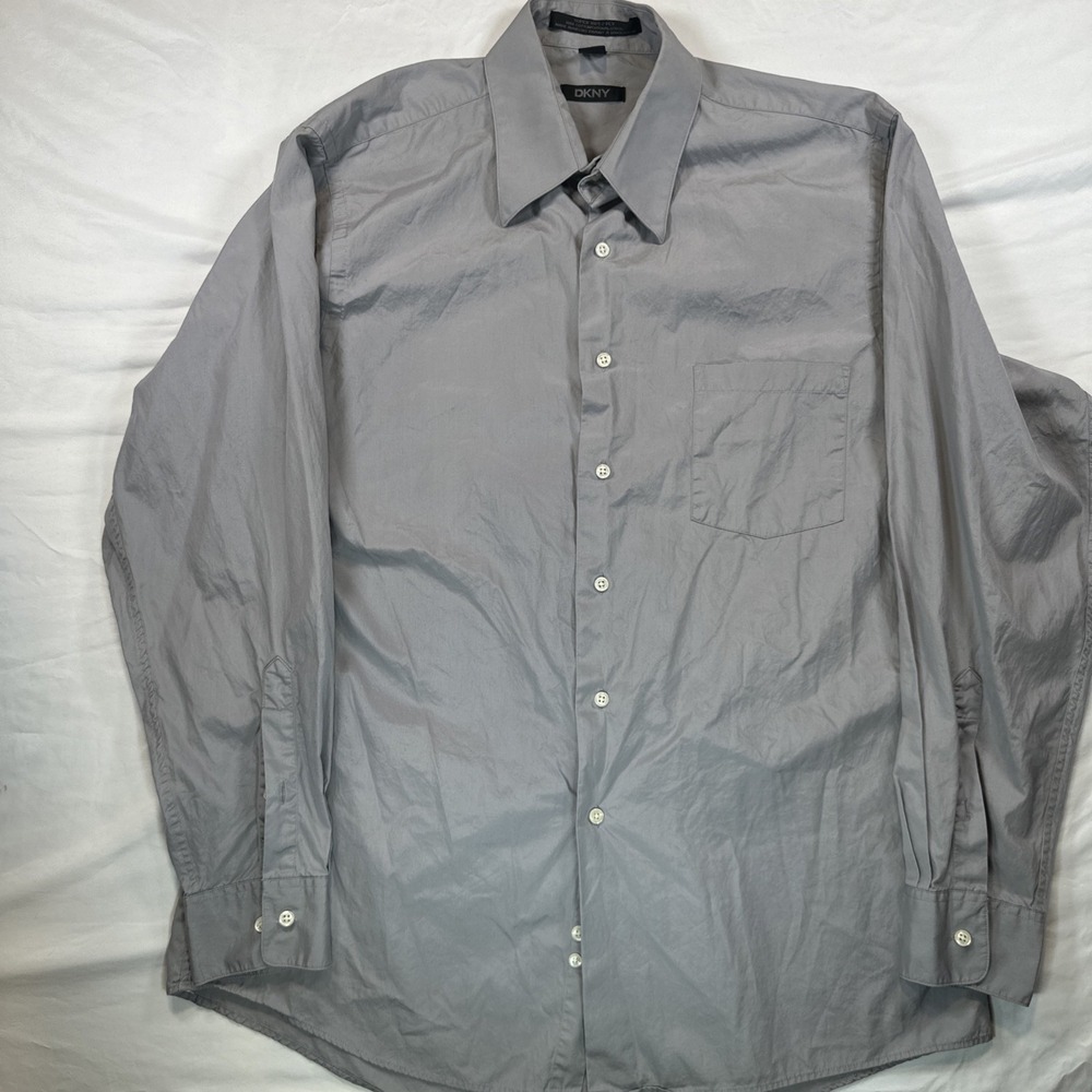 DKNY‎ Dress Shirt Mens 16 Charcoal Gray Cotton Pleated Long Sleeve Button Front